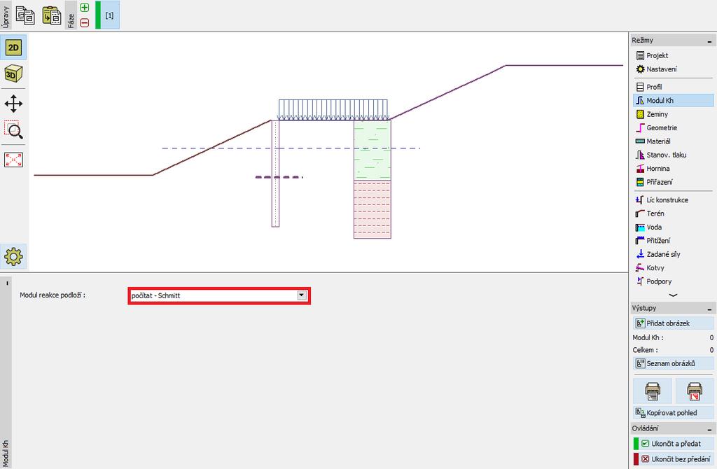 V rámu Modul Kh vybereme způsob výpočtu reakce podloží. My zvolíme možnost počítat dle Schmitta. Více informací o modulu Kh lze nalézt v inženýrských manuálech k programu Pažení posudek popř.