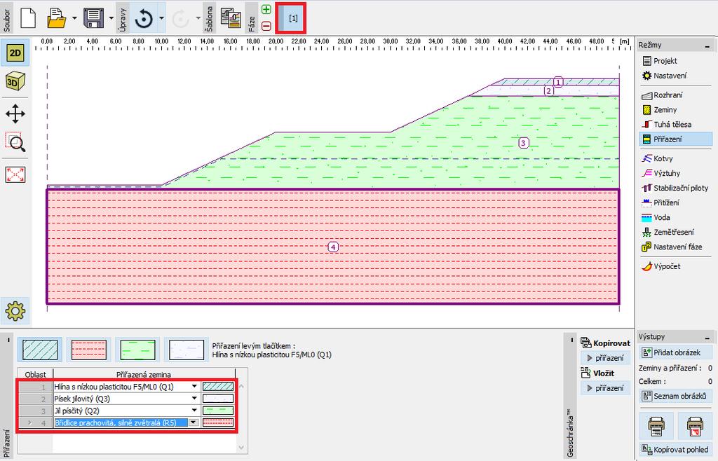 Následně přiřadíme zeminy do jednotlivých vrstev v rámu Přiřazení.