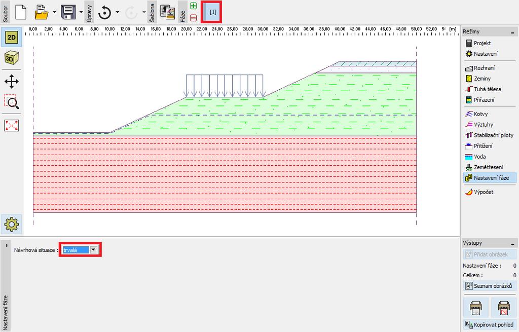 Jelikož řešíme stabilitu svahu z dlouhodobého hlediska, návrhovou fázi ponecháme jako trvalou. Rám Nastavení fáze Následně se přesuneme do rámu Výpočet.