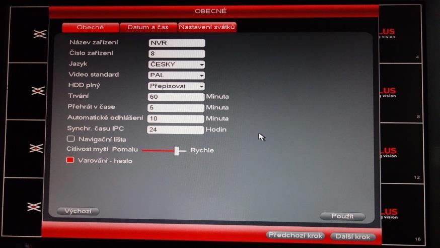 dálkového ovladače k více zařízením - Jazyk: volba jazyka zobrazovaného v menu - Video režim: evropský standard je PAL - HDD plný: nastavujeme, zda se má disk při zaplnění začít přepisovat, či