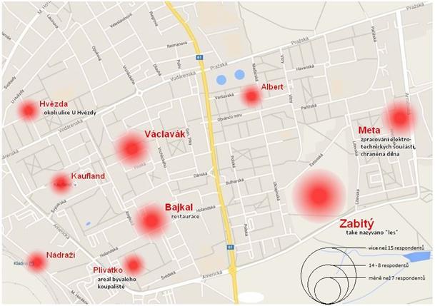 Obr. 4: Lokalizace míst nejčastěji označovaných jako nebezpečná Zdroj: dotazníkové šetření, vlastní zpracování, Podkladová mapa: https://www.google.
