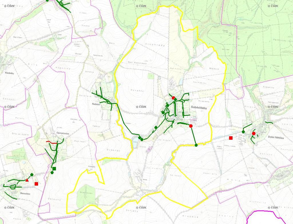 E. KANALIZACE A ČOV Mapa E1: Kanalizace - rozvody v obci Trasování sítí, lokalizace ČOV, čerpací stanice (ČS), výústě Obec: Soběchleby Legenda: Kanalizace: Ochranné pásmo: Vyústění: do 2015 po 2015 I