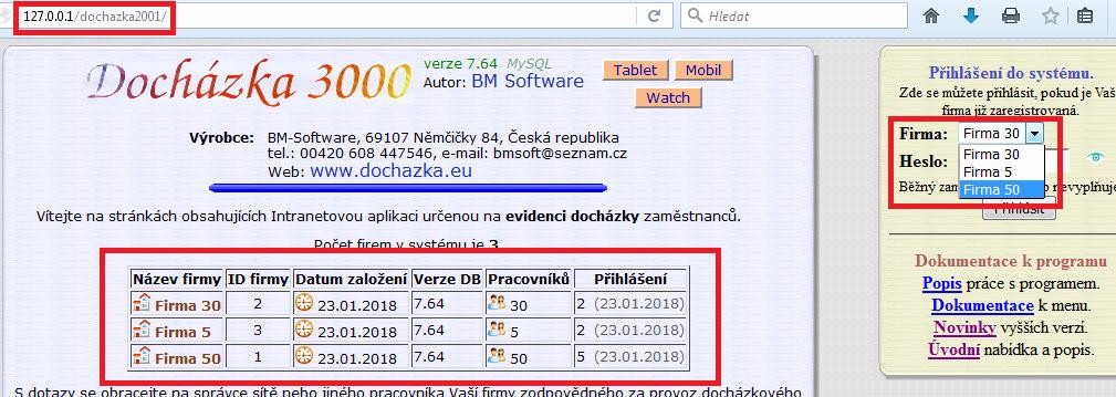 2. Společné PC s jednou instalací a databází, více firem. (částečné sílení) Na jednom hlavní PC docházky je zaregistrováno více firem.