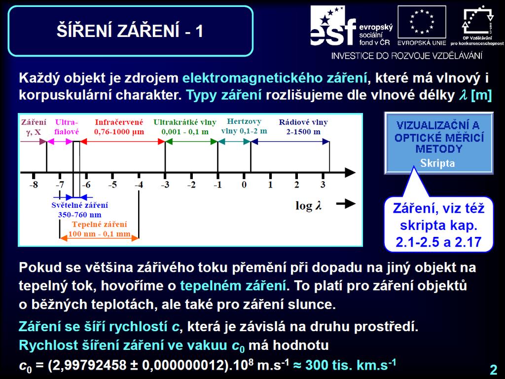 ZÁŘENÍ A BEZKONTAKTNÍ MĚŘENÍ TEPLOTY 3 ZÁŘENÍ A BEZKONTAKTNÍ MĚŘENÍ TEPLOTY Jako tepelné záření se označuje elektromagnetické záření o vlnové délce 2 25 µm, oblast viditelného spektra je 0,4 0,78 µm,