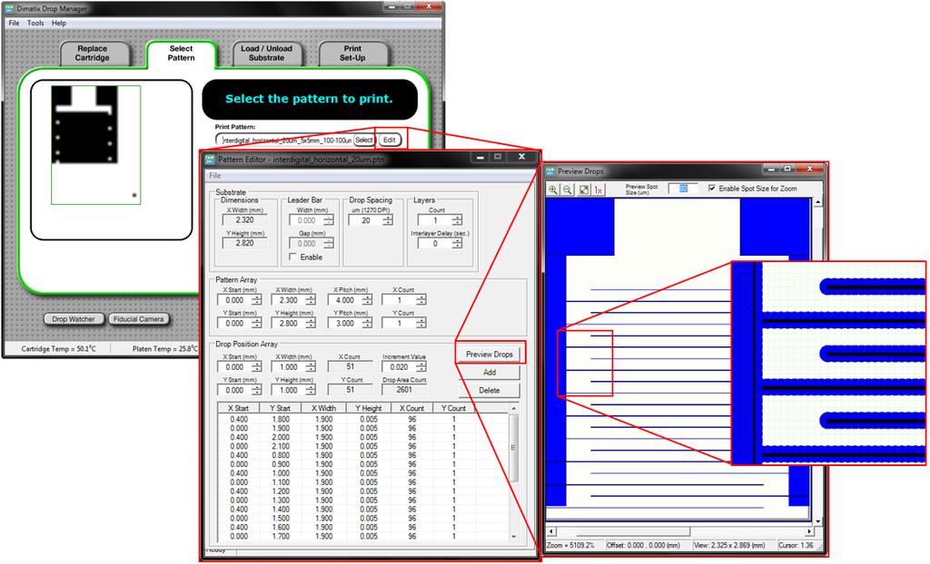 Tisk na inkjetovém systému DMP 2831 3.2 Nastavení tisku Na záložce Select Pattern v hlavním ovládacím okně vyberte vzor, který chcete vytisknout. Tlačítkem Edit je možné spustit editor a vzor upravit.