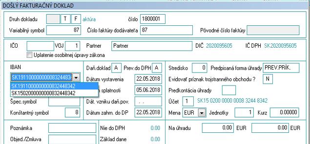 Zmeny vo verzii 3.02.10 Evidencia Dodávateľské (došlé) faktúry Počas evidovania dodávateľskej faktúry je doplnená možnosť výberu bankového účtu partnera, na ktorý bude faktúra uhradená.