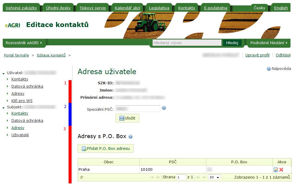 1. Zobrazení základních údajů o uživateli (subjektu) ze SZR (ID, název a primární adresa) 2. Možnost nastavit speciální PSČ 3. Seznam adres s P.O. Box s možností jejich editace Obrázek 5.