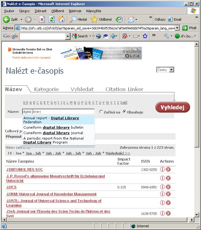 Portál elektronických časopisů Automaticky generovaný seznam