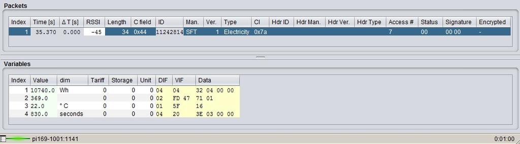 Obr. 7: Zobrazení zprávy modulu WB169-MMB pomocí analyzátoru WMBUS RFAN1 U připojených měřidel s kódováním dle normy Modbus sestavuje aplikační vrstvu zprávy ve formátu M-Bus modul WB169-MMB podle