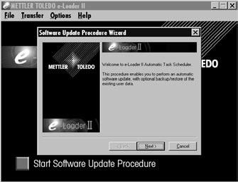 Aktualizace softwaru 110 Jakmile jste provedli potřebná nastavení a zkontrolovali propojení s váhou, můžete spustit proces aktualizace. Klikněte na tlačítko Start Software Update Procedure.