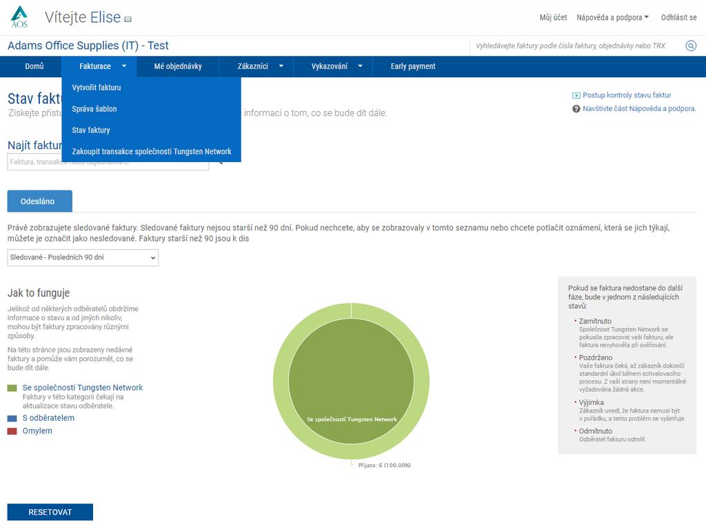 Systém Tungsten Network vám umožňuje sledovat průběh zpracování již odeslané faktury.