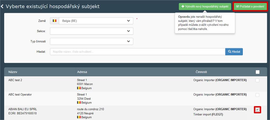 II.1.1. Když kliknete na hospodářský subjekt Můžete vyhledávat podle země, sekce, typu činnosti, názvu hospodářského subjektu atd.