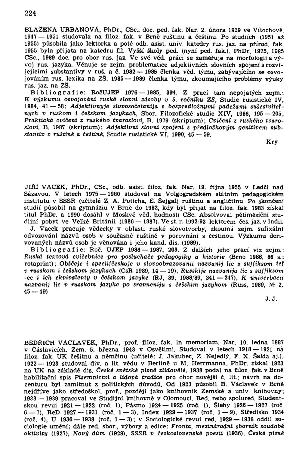 224 BLAŽENA URBANOVÁ, PhDr., CSc, doc. ped. fak. Nar. 2. února 1929 ve Vítochově. 1947 1951 studovala na filoz. fak. v Brně ruštinu a češtinu.