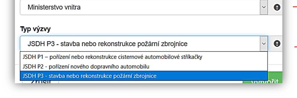 Obrázek Vytvořit novou žádost Po stisknutí tohoto tlačítka se automaticky zobrazí okno, kde je nutné vyplnit povinné údaje: Název projektu, Poskytovatel, Typ výzvy jedná se o označení žádosti: uveďte