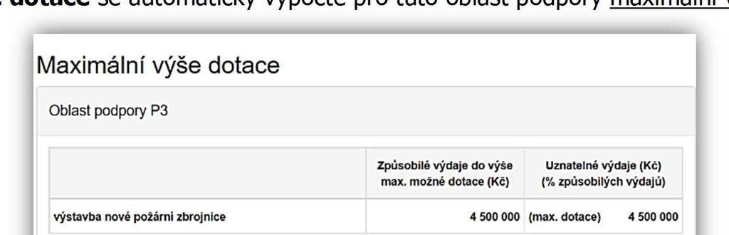 6 Záložka Výše dotace Po kompletním vyplnění záložky Hodnocení se pomocí tlačíka nebo prostřednictvím nabídky záložek v pravém