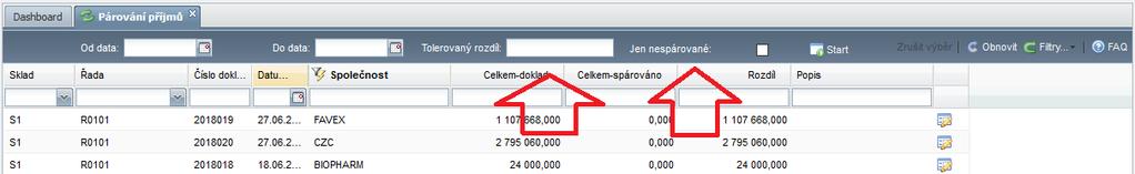 Přehled párování příjmů (+ dle faktur) Do obou přehledových aplikací byly přidány filtry jen nespárované a minimální tolerovaný rozdíl párování.