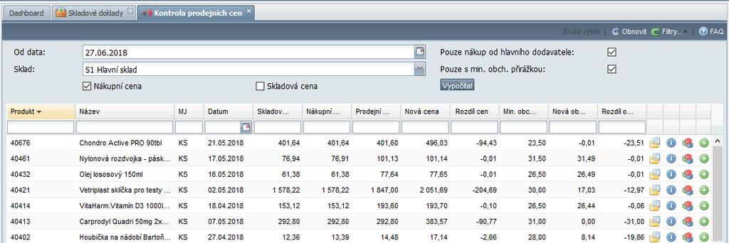 Produkty Kontrola prodejních cen Nová aplikace pro kontrolu aktuální prodejní ceny produktu oproti nákupní nebo skladové ceně se