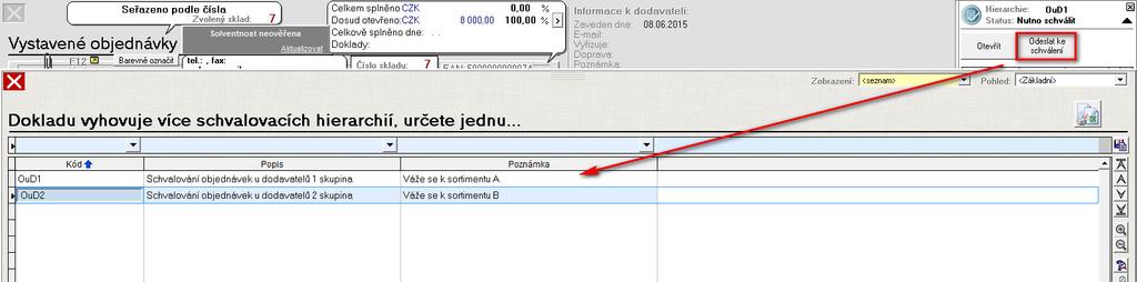 Při tvorbě Vystavené objednávky (např. na sortiment A) a jejím následném odeslání ke schválení, program nabídne schvalovací hierarchie odpovídající příslušné dokladové řadě.