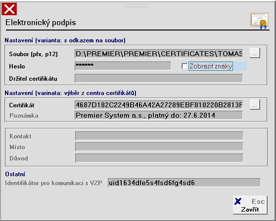 Do pole Soubor (pfx, p12) zadáme místní cestu, kde je uložen soubor s certifikátem, doplníme heslo certifikátu a držitele.