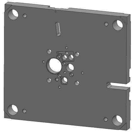 Dále jsou zde veškeré otvory potřebné pro montáž tvarových vložek a jader opatřených osazeními, pro které jsou v desce vytvořena i veškerá zahloubení.