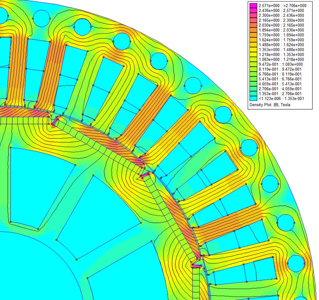 5.4 OVĚŘENÍ NÁVRHU S VNITŘNÍM TANGENCIÁLNÍM ULOŽENÍM PM U simulace modelu s tangenciálním uložením s PM vyšlo najevo, že dochází k přesycování magnetického obvodu rotoru v oblasti pólů.