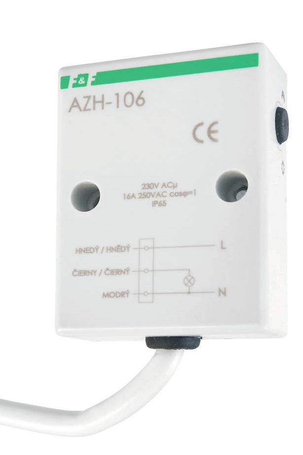 F&F - montáž na stěnu 904 Název (typ) AZH - 106 Napětí Proud Příkon Rozsah 230 V, 50 Hz 16 A 0,56 W 2-1000 lux Zpoždění 5s zap / 10s vyp.
