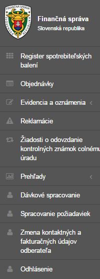 Strana 11 / 119 2.1.4.1 Základné menu Panel na ľavej strane obrazovky. Základné menu obsahuje položky pre výber základnej kategórie funkcionality. Obrázok 4.