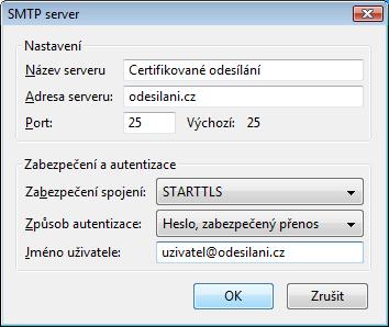 Vyplňte v dialogu SMTP server následující pole: Název serveru: Adresa serveru: odesilani.