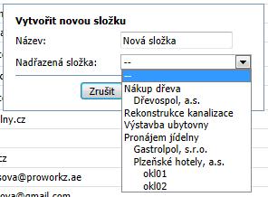 Nová složka se vytvoří kliknutím na symbol + umístěný v záhlaví okna složek. Po kliknutí na tento symbol se zobrazí okno pro vytvoření nové složky. Do pole Název se uvede název nové složky.