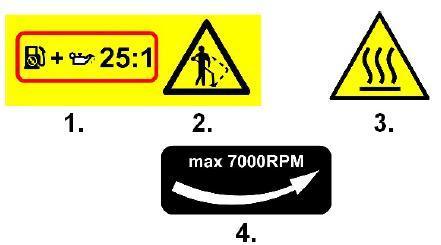 S t r á n k a 4 8. Varování! Nebezpečí zpětného rázu. 9. Maximální povolené otáčky řezného prvku. 1. Poměr směsi bezolovnatého benzínu 95 a oleje pro dvoutaktní motor. 2.