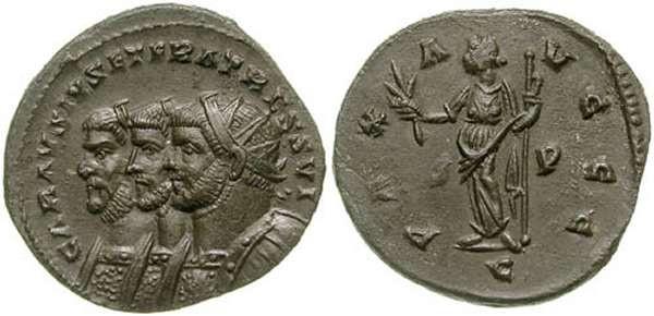 Obr. 2: AE antoninianus uzurpátora Carausia s vyobrazením všech tří císařů (zvětšeno 3:1); opis aversu: CARAVSIVS ET FRATRES SVI (Carausius a jeho bratři ); opis reversu: PAX AVGGG (Mír tří císařů