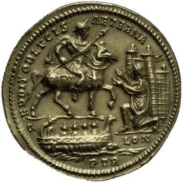 Obr. 4: Medailon z Arras ; AV medailon Constantia Chlora (zvětšeno 1,5:1); opis: REDDITOR LVCIS AETERNAE (obnovitel věčného světla), LON (Londinium); PTR: Augusta Treverorum; Medailon je krásnou