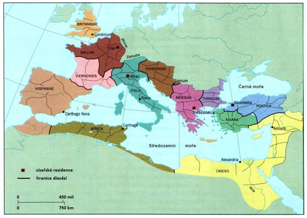 Pontica a Asiana a za sídelní město si zvolil Nicomedii 65. Maximianus spravoval diecéze Itálii, Hispánii a Afriku a za sídlo si určil Mediolanum 66.