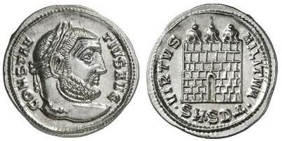 43). Do své smrti v roce 306 s titulem Augusta (obr. 44). Obr. 42: AV aureus Constantia Chlora s kudrnatým plnovousem (zvětšeno 2:1); SM A: Antiochia; RIC VI 8; zdroj: GWLB 92, 62.