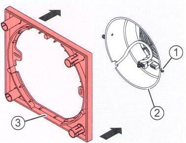 nasaďte spodní díl vnitřního krytu (3) na stavební průchodku (2), tak aby šel uchytit v jeho otvorech pomocí šroubů (1).