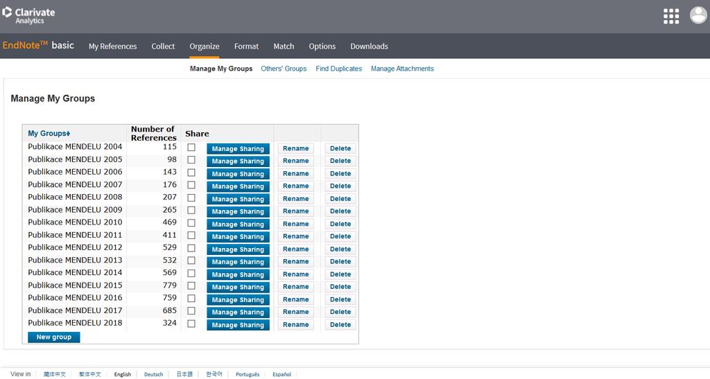 EndNote basic Sdílení složek (Manage Sharing), jejich