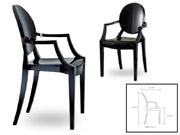 85 Kč ŽIDLE "Ludvík" BÍLÁ vysoký lesk Designová židle ve stylu Ludvíka XIV., s područkami. Celoprobarvený bílý plast ve vysokém lesku. Stohovatelná.