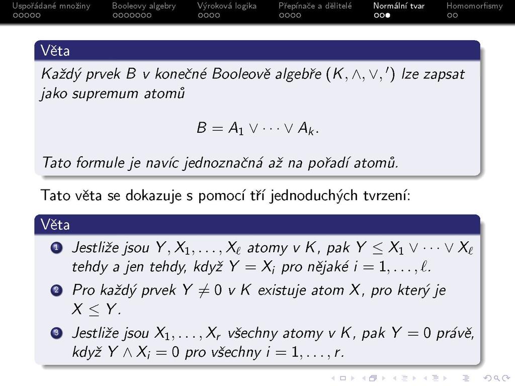 Každý prvek B v konečné Booleově algebře (K, A, V,') lze zapsat jako supremum atomů Tato formule je navíc jednoznačná až na pořadí atomů.