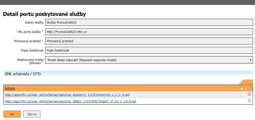 Přenosový protokol Popis funkčnosti Popis prvků ovládání Storno OK Přenosový protokol využívaný při předávání dat mezi službou a aplikacemi využívajícími službu Popis funkcionality pro daný port