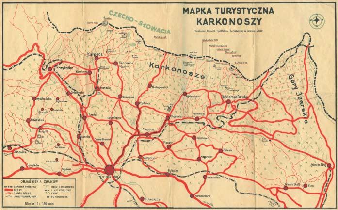 Andrzej Paczos Mapa Krkonoš z roku 1946 má k dnešním turistickým mapám velmi daleko. Jde spíše o plánek silniční a železniční sítě, doplněný nemnoha názvy vrcholů a horských bud.