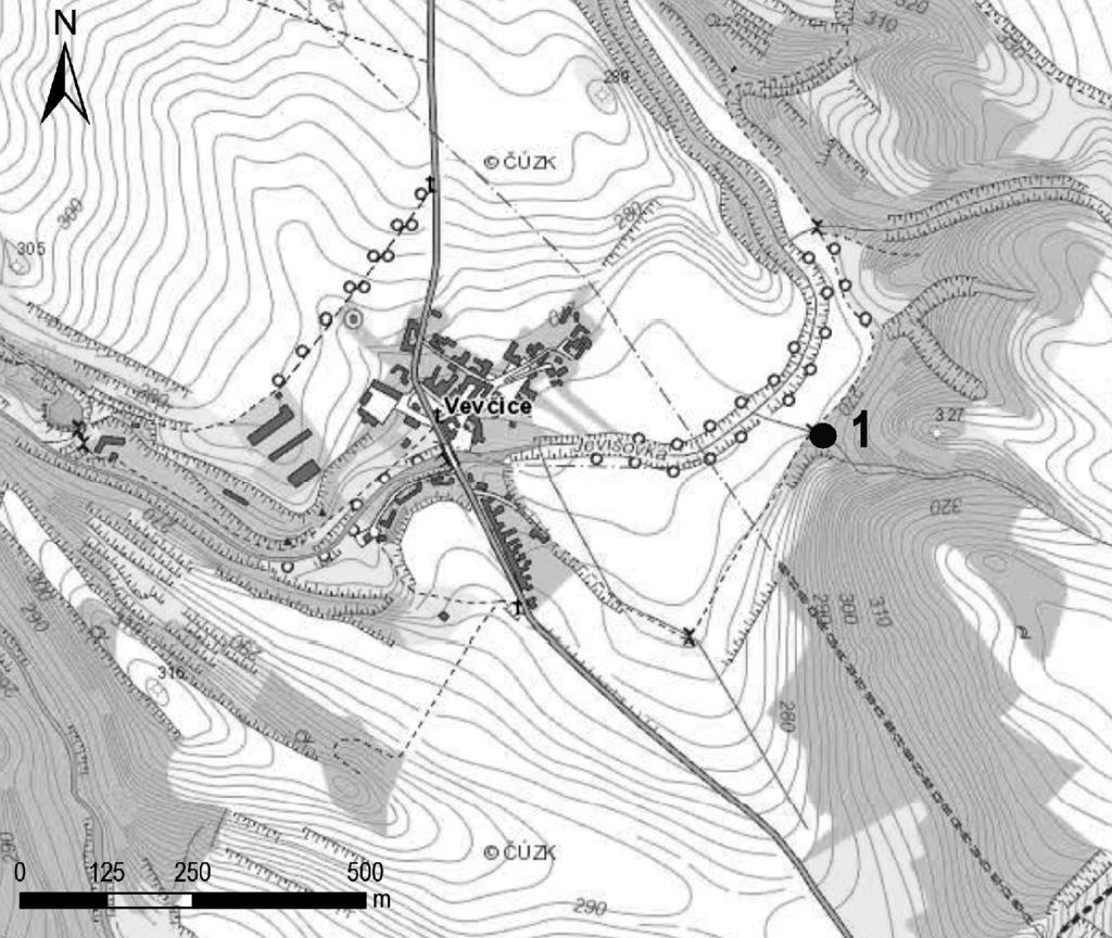 1. Vevčice u Jevišovic Skarny prorážené žilami meladioritů až tonalitů (gföhlská jednotka) S. Houzar, D. Buriánek, J. Šmerda (GPS: 48 57 45,120 N; 16 03 07,050 E) exkurze A Obr. A3.