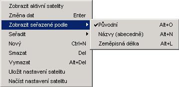 5.d Funkce satelitu Kliknete-li na satelit, budou zobrazeny pouze kanály a transpondéry tohoto satelitu. Kliknete-li pravým tlačítkem myši do okna satelitu, získáte následující místní nabídku.