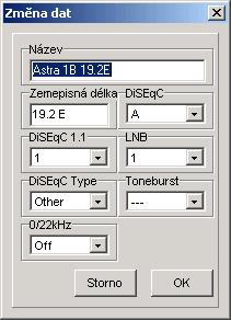 Změna dat: Získáte následující okno, ve kterém můžete změnit specifická data satelitu: Pro získání tohoto okna je možno také označit satelit dvojklikem.