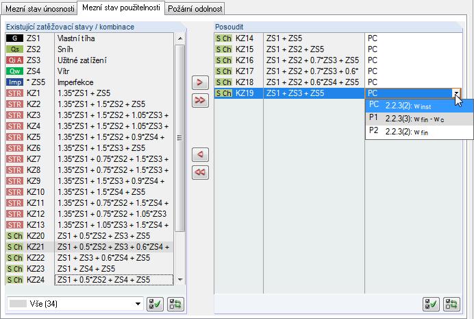 6: Přiřazení návrhové situace I v tomto případě lze se stisknutou klávesou [Ctrl] vybrat několik zatěžovacích stavů a kombinací najednou a změnit u všech současně návrhovou situaci.