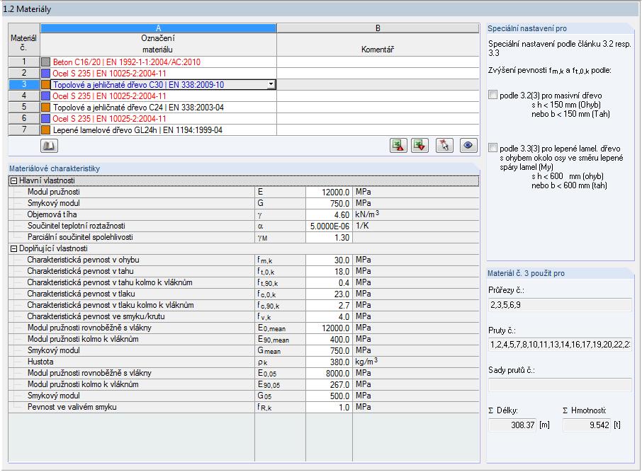 2 Vstupní data 2.2 Materiály Tento dialog je rozdělen do dvou částí. V horní sekci se uvádí všechny materiály, které byly do RFEMu uloženy.