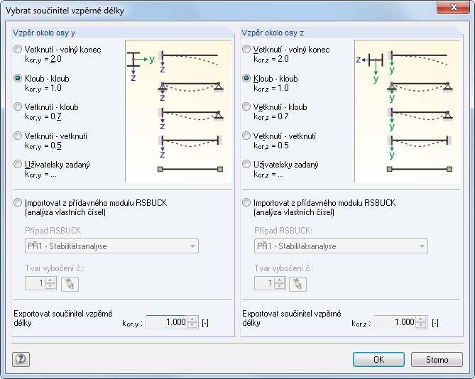 2 Vstupní data Můžeme zde stanovit, jestli se má obecně u právě vybraného prutu provést posouzení na vzpěr nebo klopení. Dále můžeme upravit součinitele vzpěrné délky v příslušných směrech.
