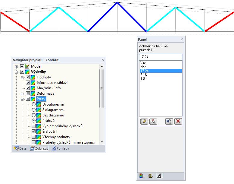 5 Vyhodnocení výsledků Filtrování prutů Pokud si přejeme zobrazit v grafickém okně výsledky pouze u některých prutů, můžeme v záložce Filtr řídicího panelu zadat jejich čísla.