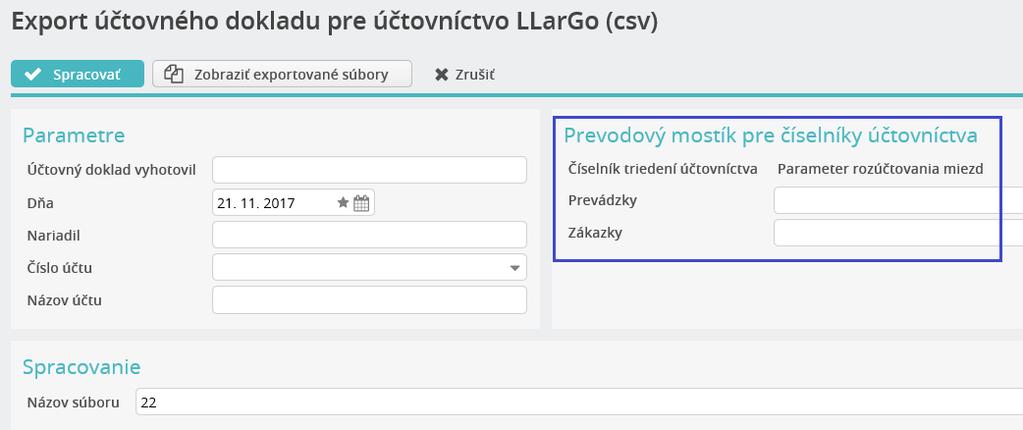 Spracovateľ má k dispozícii prevodový mostík pre číselníky účtovníctva LLarGo.