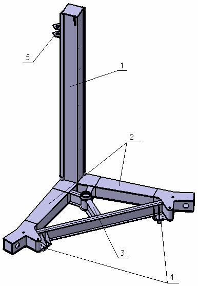 3.4.1 Konstrukce rámu podvozku Obr. 17 Rám podvozku: 1 sloup, ramena, 3 střední nosník, 4 zachycovací háky, 5 konzola kol Rám podvozku (Obr. 17) je svařovaná konstrukce z plechů ocelí 1153.