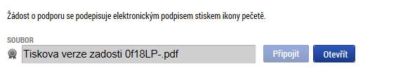 Snímek obrazovky s ikonou pro iniciaci podpisu Stiskem ikony pečetě se podepisuje žádost o podporu.